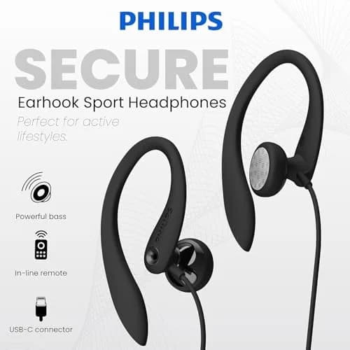 PHILIPS USB-C Wired Earbuds with Microphone | Secure Fit Sport Earhooks, Deep Bass 15mm Drivers, Inline Controls, Wired Open Ear Headphones for Running & Gym thumbnail 2