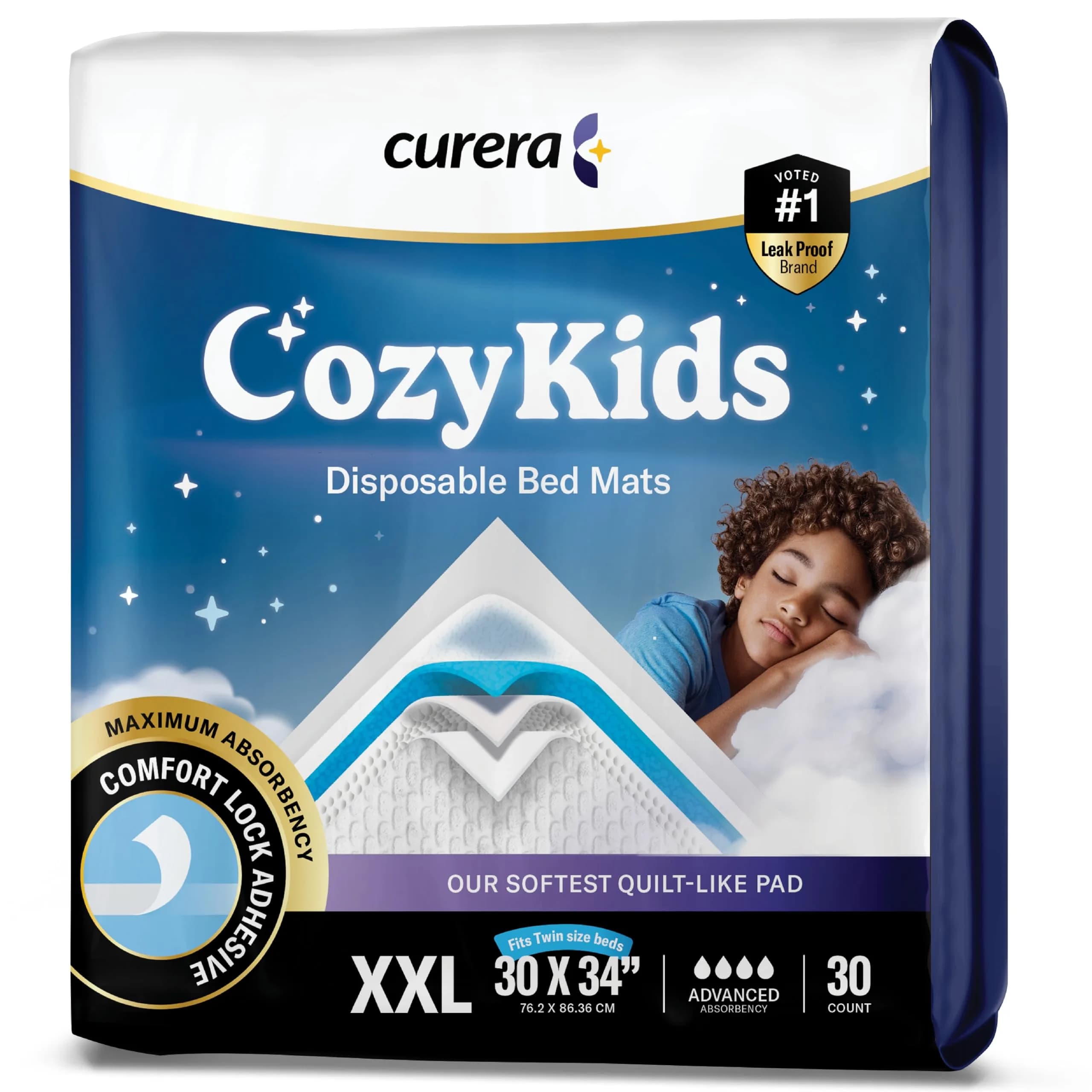 Curera CozyKids Disposable Bedwetting Bed Pads for Kids 30”x 34” (30-Pack) | XXL Waterproof Protection for Dry Nights thumbnail 1
