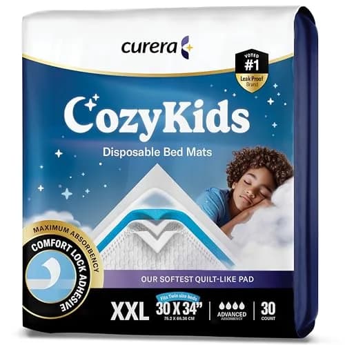 Curera CozyKids Disposable Bedwetting Bed Pads for Kids 30”x 34” (30-Pack) | XXL Waterproof Protection for Dry Nights thumbnail 1