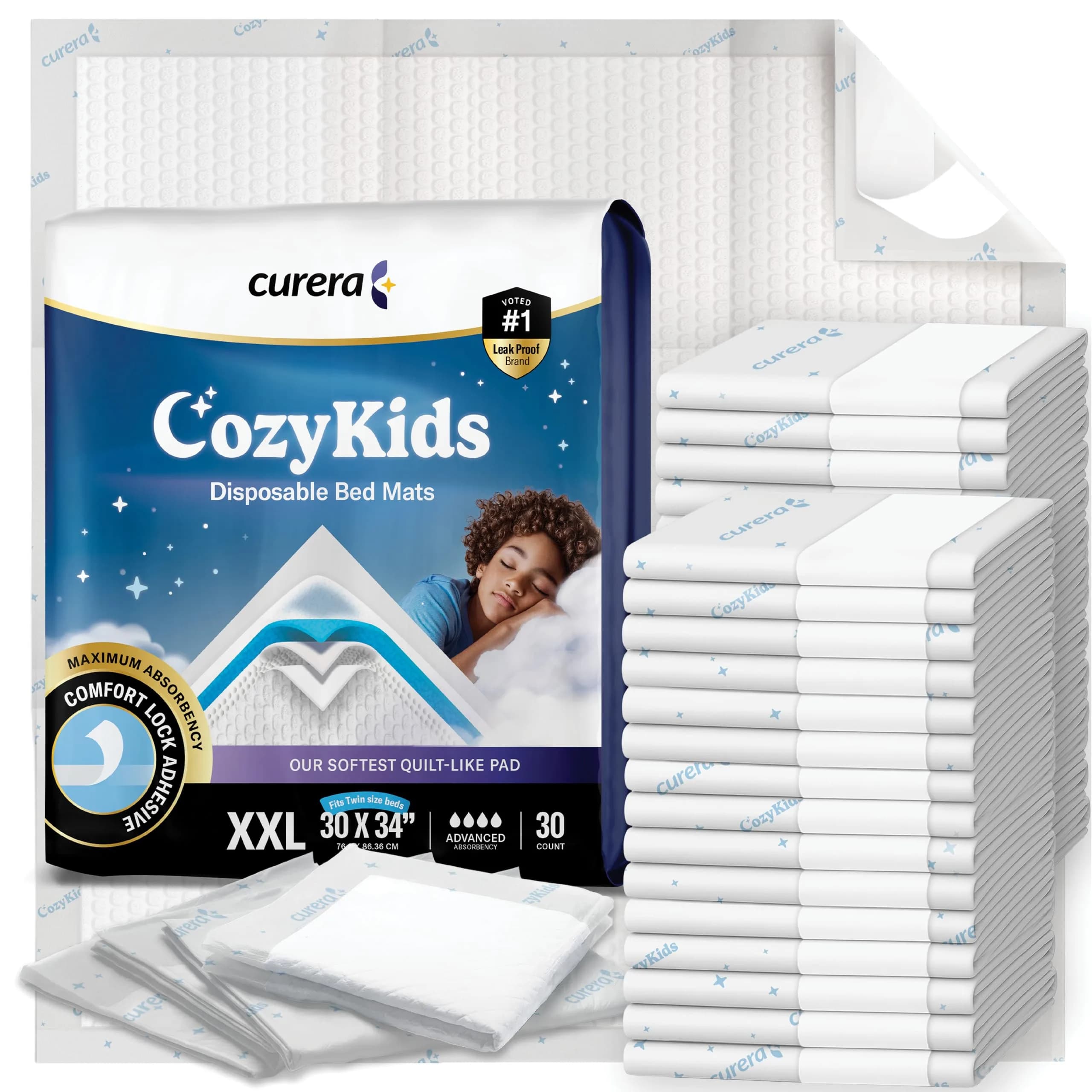 Curera CozyKids Disposable Bedwetting Bed Pads for Kids 30”x 34” (30-Pack) | XXL Waterproof Protection for Dry Nights thumbnail 2