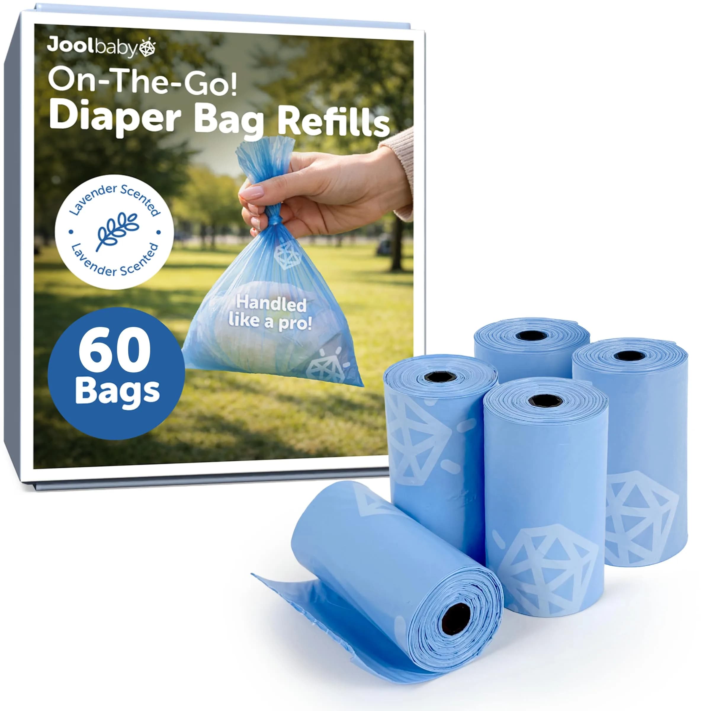 Jool Baby Disposable Diaper Bag Refills for Diaper Bag Dispenser (5 Rolls, 60 Bags) – Lavender-Scented Odor-Controlling Waste Bag — 5 Rolls