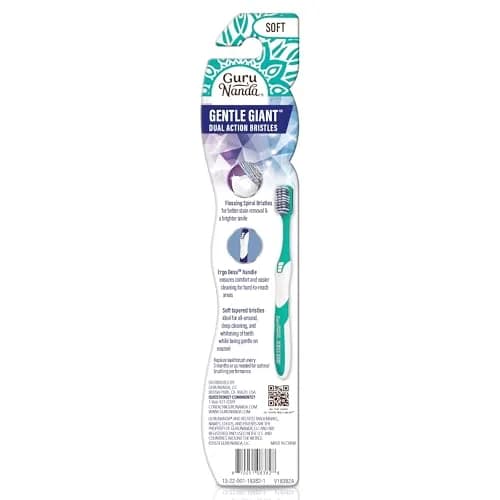 GuruNanda Gentle Giant Toothbrush with Dual Action Flossing Spiral Bristles, Non-Slip Ergo Dexa Grip, BPA Free, 2 Count | Dentist Recommended thumbnail 8