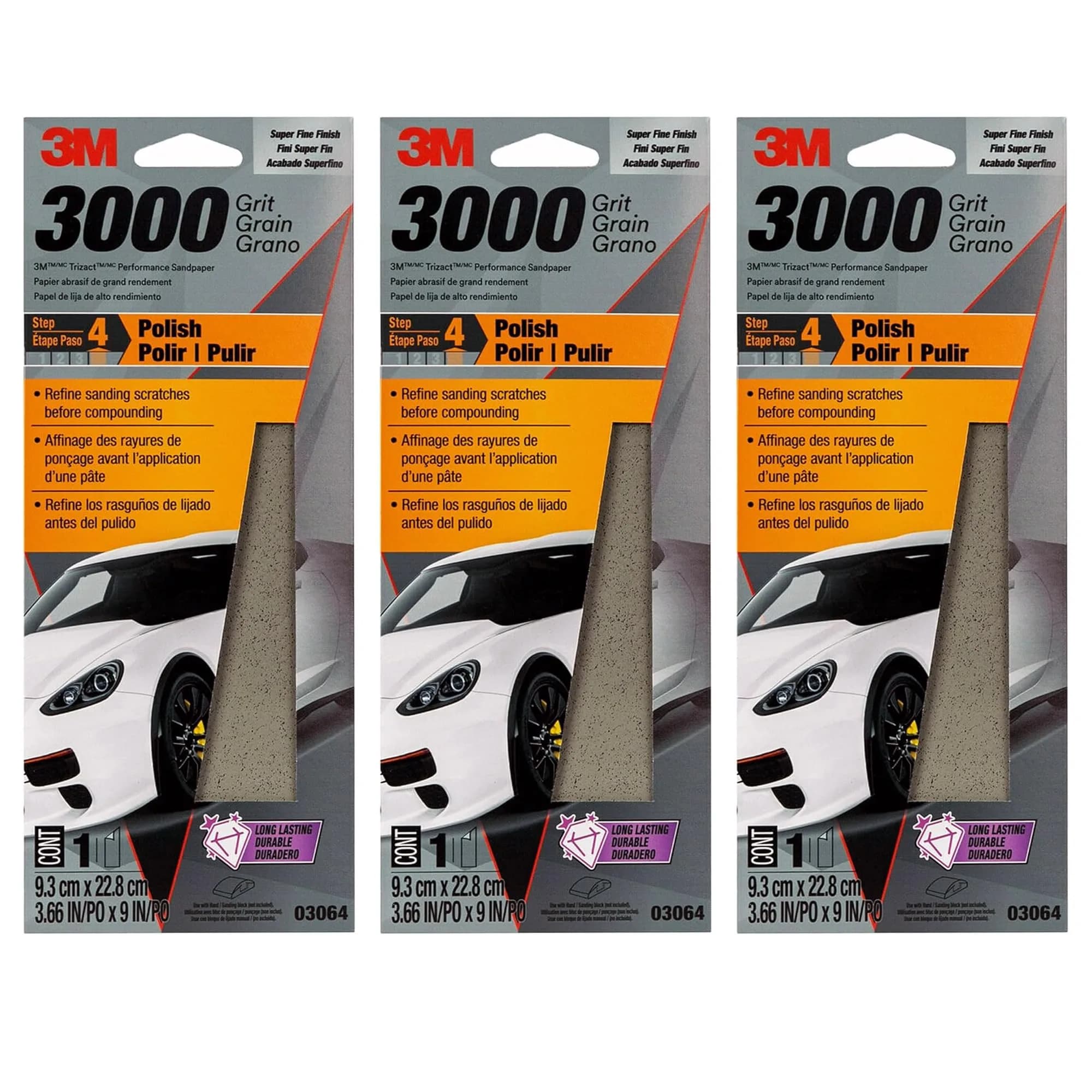 3M Trizact Performance Sandpaper 3000 Grit 9" x 3 2/3" (25mm x 230mm) Pack of 3 | Polishes Clear Coat & Paint