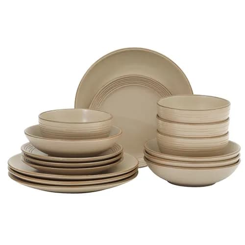 Gibson Home Chiswick House 16-Piece Stoneware Dinnerware Set for 4 | Beige with Wax Relief Rim, Dishwasher Safe thumbnail 1
