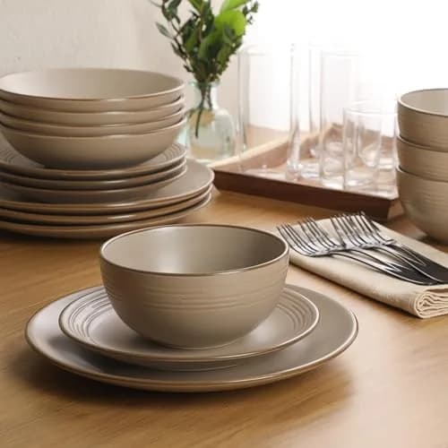 Gibson Home Chiswick House 16-Piece Stoneware Dinnerware Set for 4 | Beige with Wax Relief Rim, Dishwasher Safe thumbnail 5