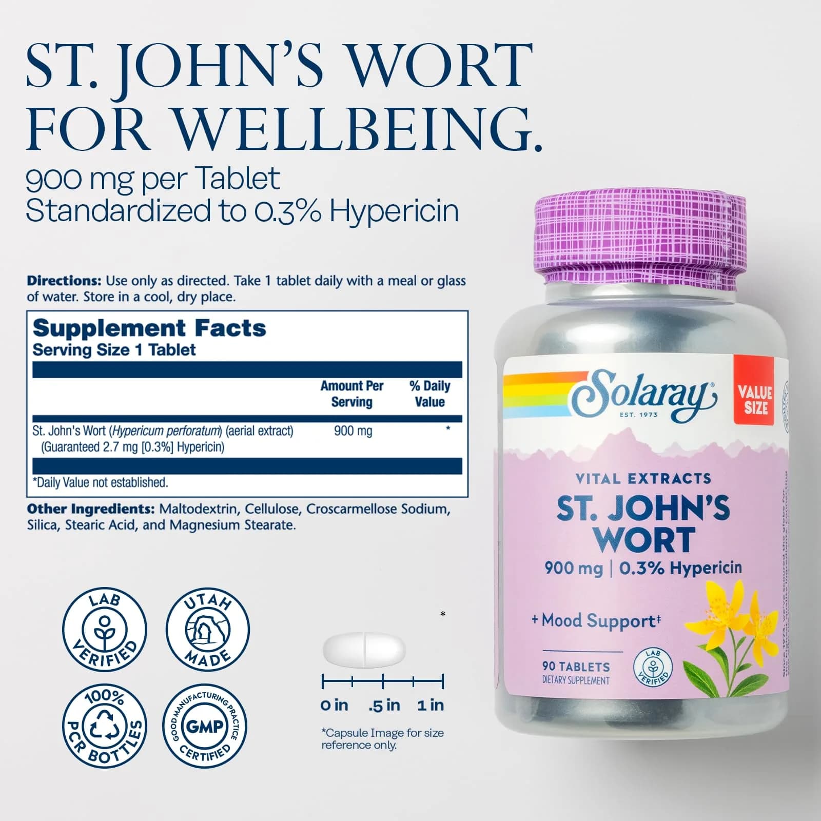 SOLARAY St. John's Wort Extract 900 mg | Standardized Botanical Supplement for Mood & Brain Support — Tablets