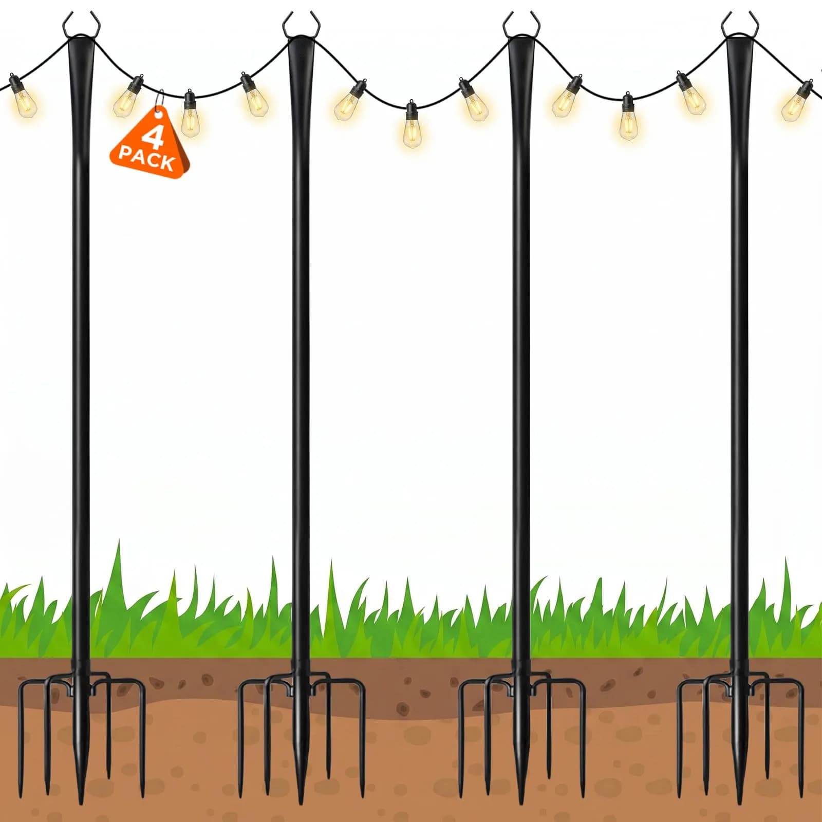 Litmustes 10FT String Light Poles | Heavy Duty Outdoor Steel Support, 4 Pack, Anti-Rust, Garden & Patio — Black