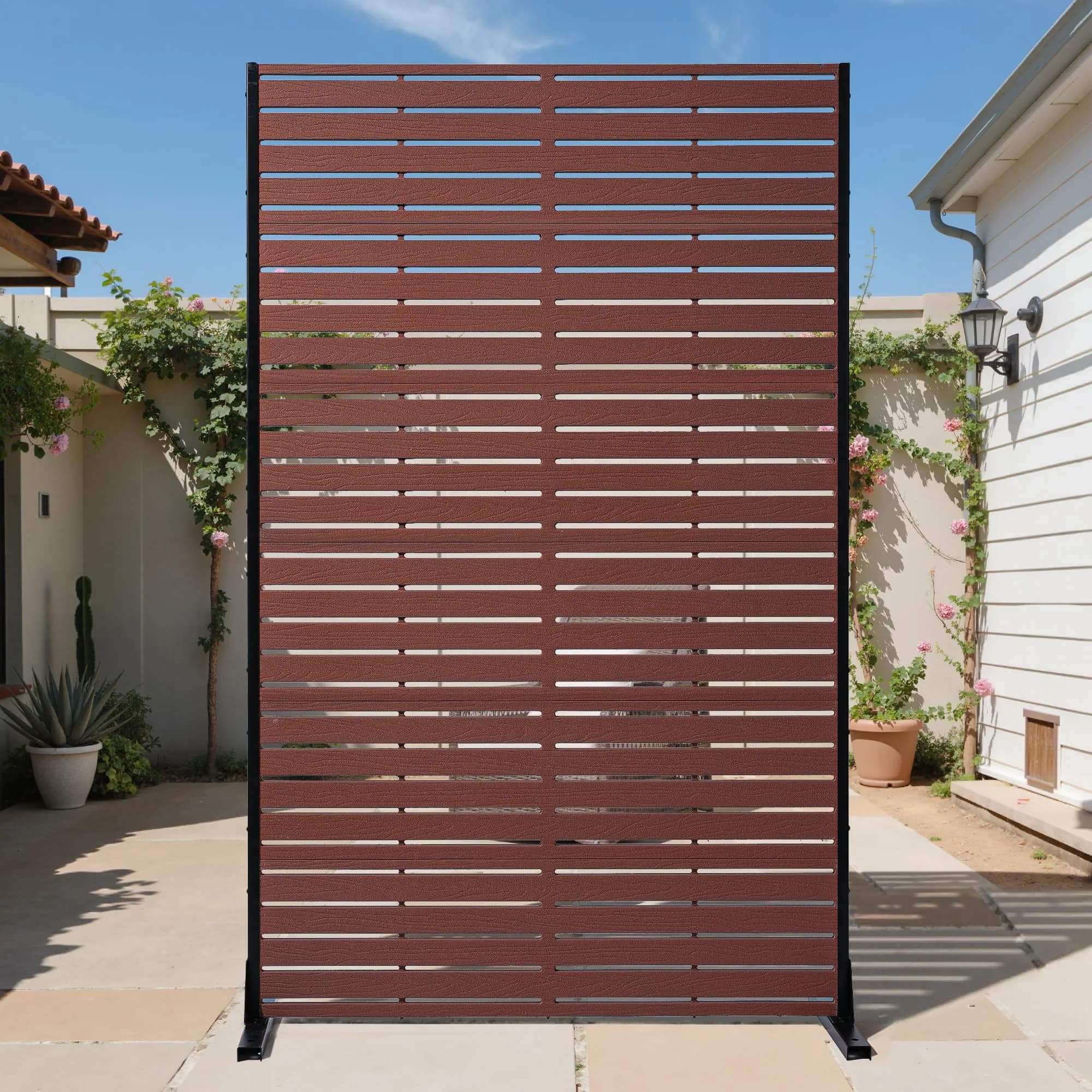Diyfire Outdoor Privacy Screen 72" H HDPE Decorative Freestanding Privacy Panel, Sandblasting Louvered Weather-Resistant for Patio, Balcony, Backyard — Deep Red Brown