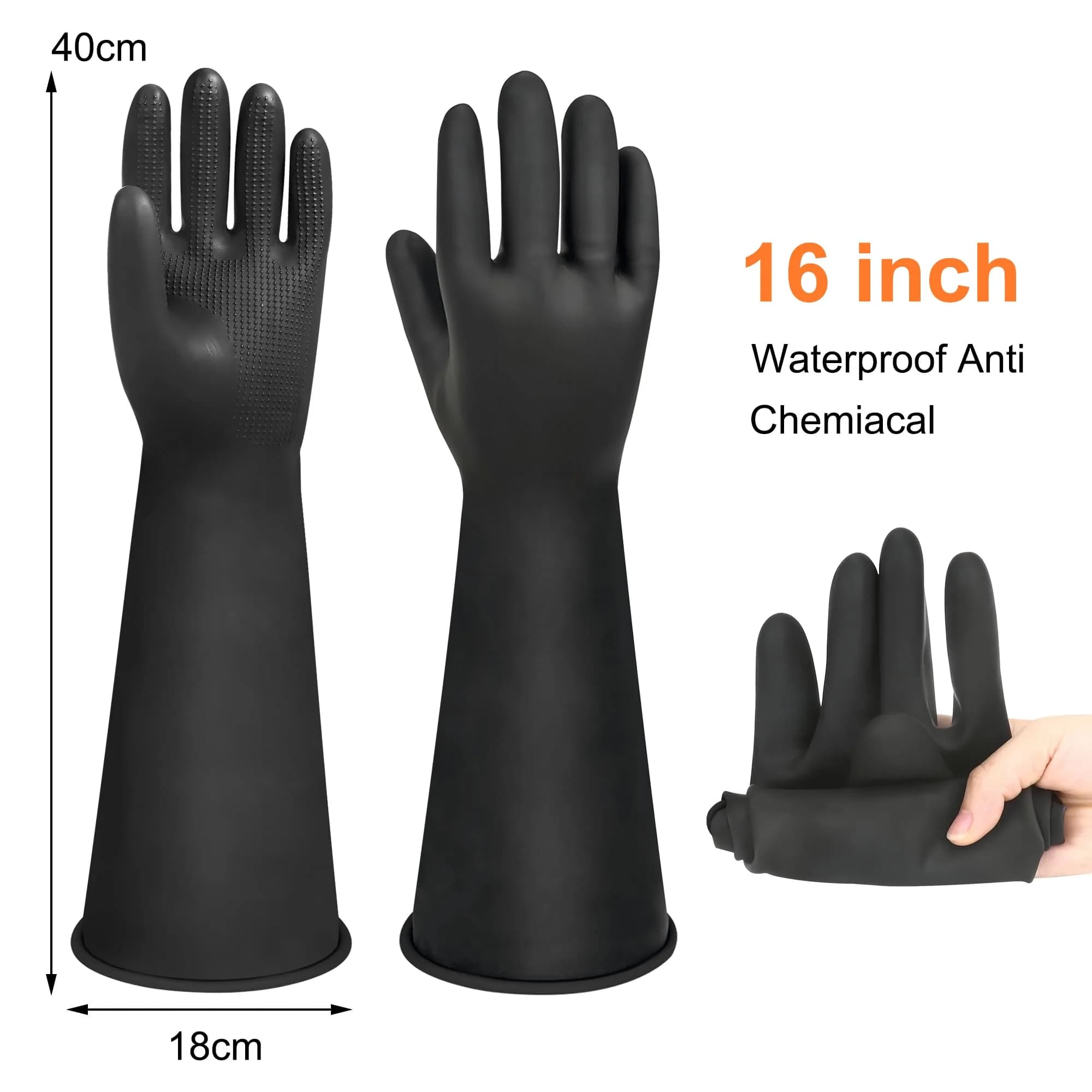 Nobgum 16" Chemical Resistant Rubber Safety Work Gloves | Large, 1 Pair, Black - view 2