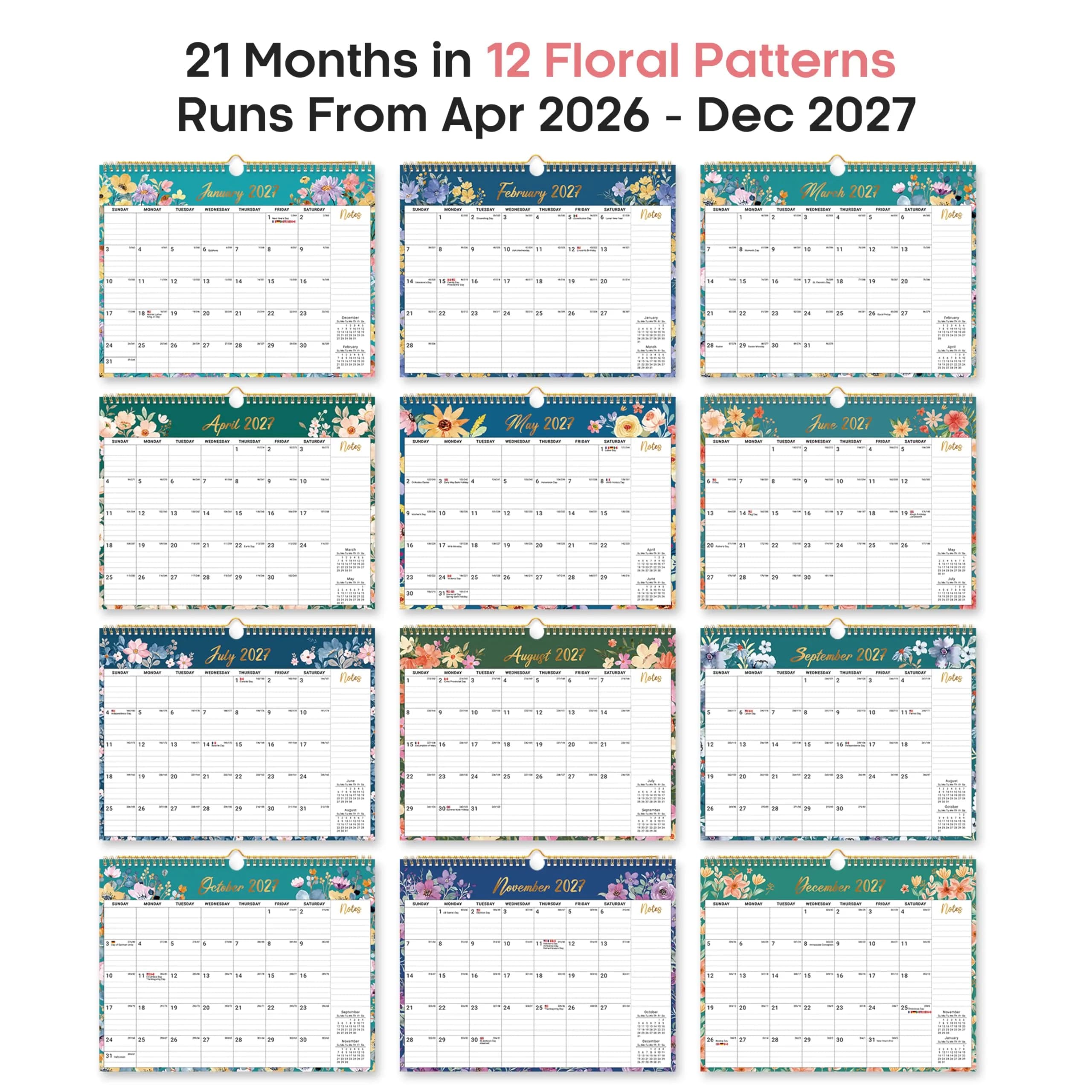 Taja Floral Wall Calendar 2026-2027 (11.5" x 14.7") | Organize Your Year with Premium Paper - view 7