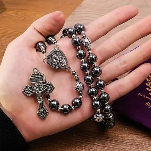 Nazareth Store Hematite Rosary Necklace for Men Black Stone Beads 50cm (20") | Traditional Saint Joseph Medal & Cross thumbnail 5