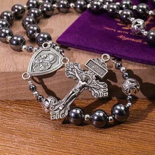 Nazareth Store Hematite Rosary Necklace for Men Black Stone Beads 50cm (20") | Traditional Saint Joseph Medal & Cross thumbnail 6