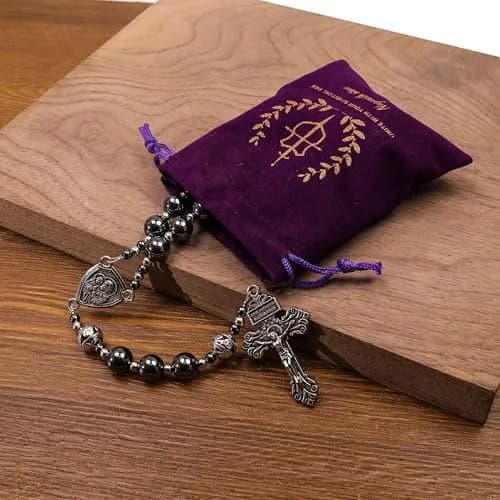 Nazareth Store Hematite Rosary Necklace for Men Black Stone Beads 50cm (20") | Traditional Saint Joseph Medal & Cross thumbnail 7