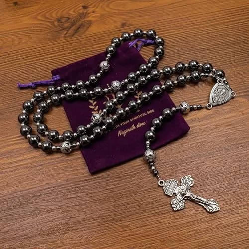 Nazareth Store Hematite Rosary Necklace for Men Black Stone Beads 50cm (20") | Traditional Saint Joseph Medal & Cross thumbnail 8