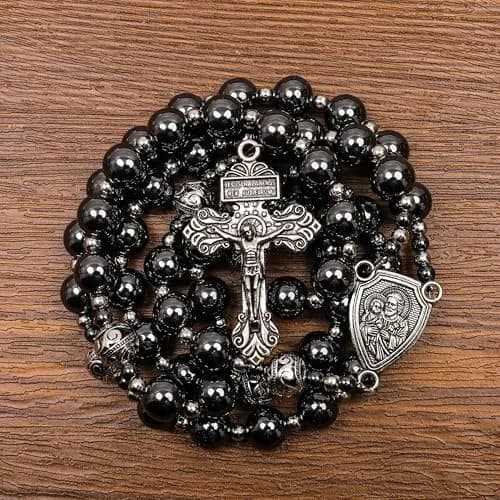 Nazareth Store Hematite Rosary Necklace for Men Black Stone Beads 50cm (20") | Traditional Saint Joseph Medal & Cross thumbnail 3
