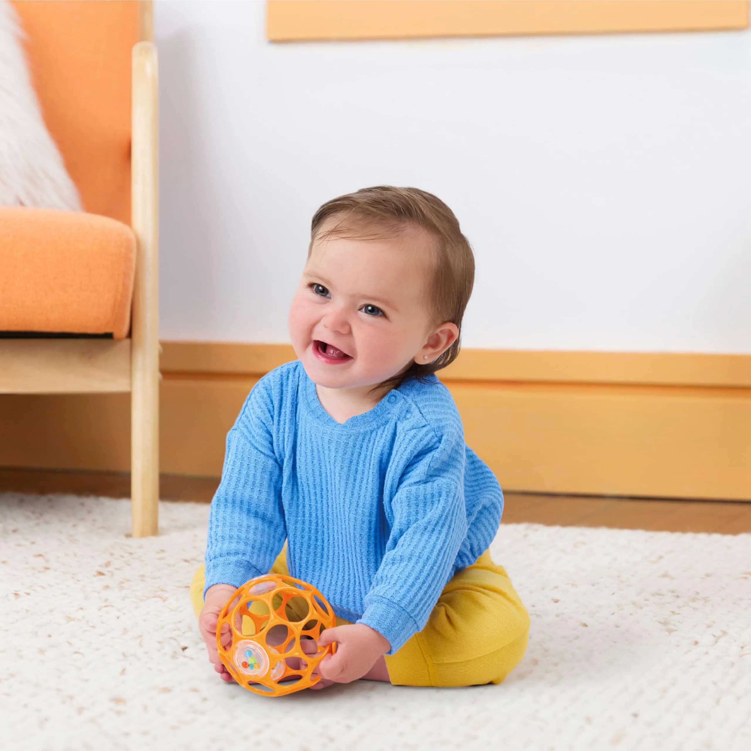 Bright Starts Oball Rattle Ball, Easy-Grasp Infant Toy with Finger Holes, Orange, 0-10cm (4in) - view 8