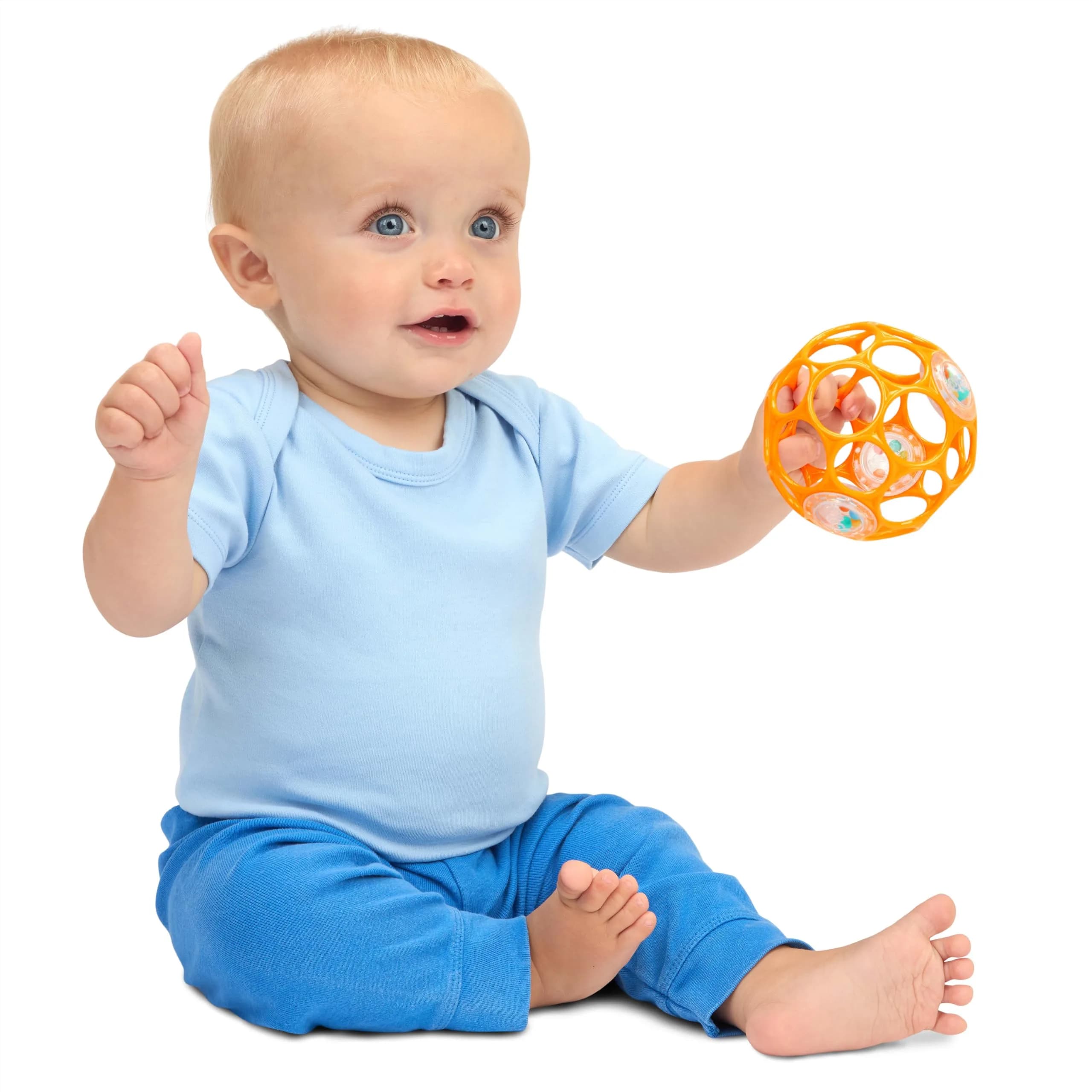 Bright Starts Oball Rattle Ball, Easy-Grasp Infant Toy with Finger Holes, Orange, 0-10cm (4in) - view 3