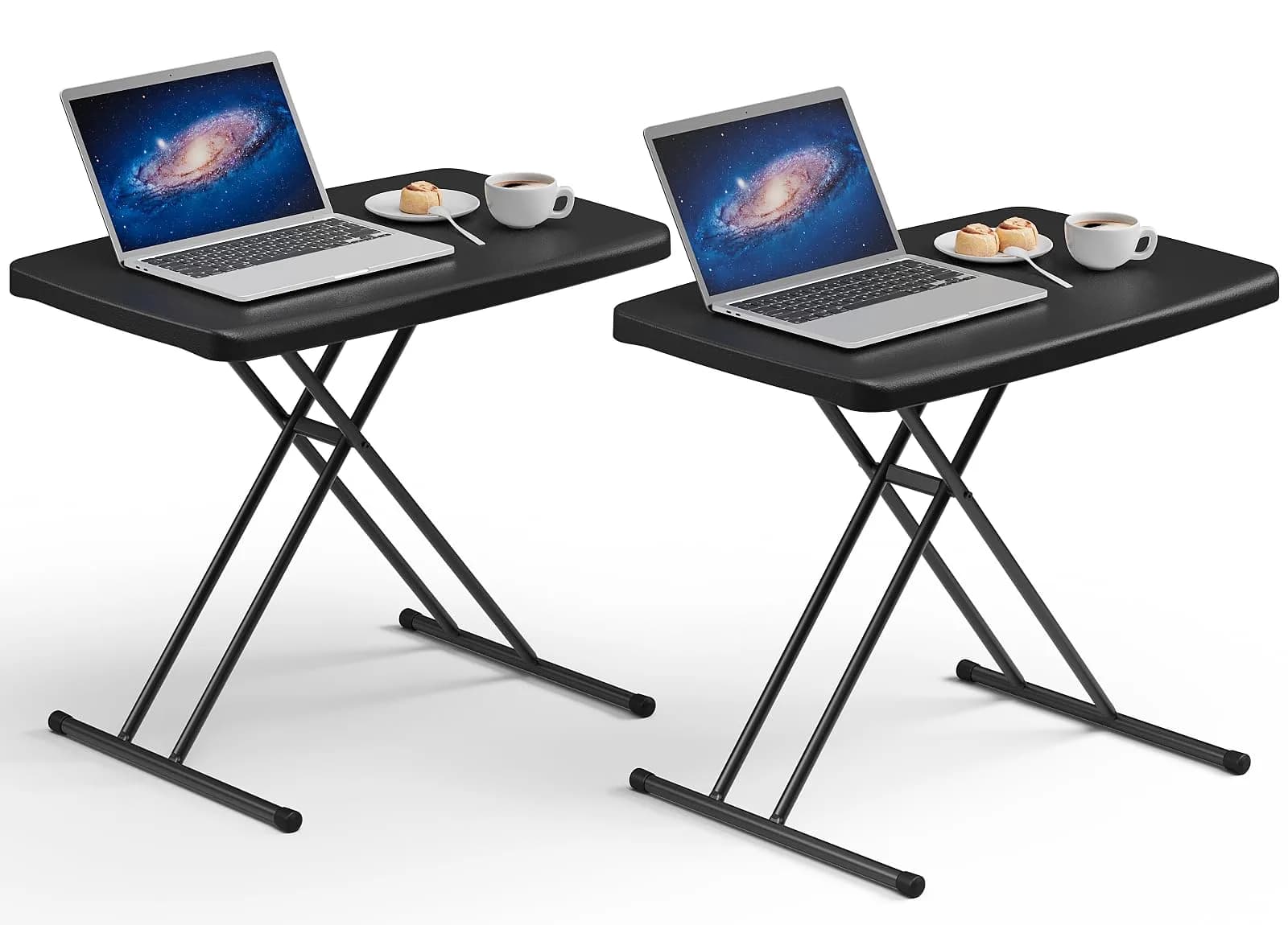 FurniEdge 30 Inch Folding Table Set of 2 | Adjustable Height Heavy Duty Utility Table for Small Spaces — Black