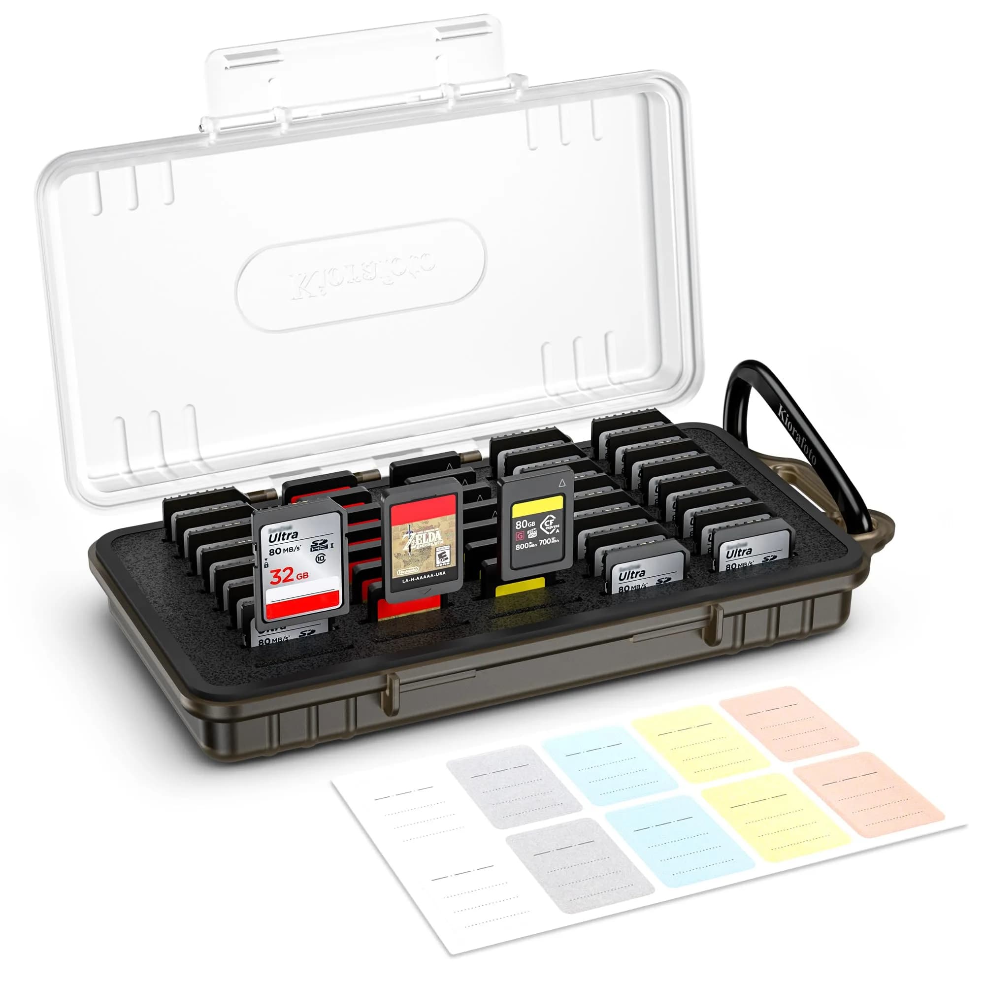 Kiorafoto 40-Slot SD Card Holder Case with Labels & Carabiner | Transparent, Water-Resistant — TRANSPARENT