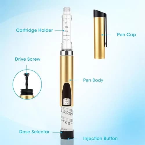 FJNATINH 60 Units Reusable Peptide Pen Injector Gold | Dose Adjustable for Precise Insulin Delivery thumbnail 3