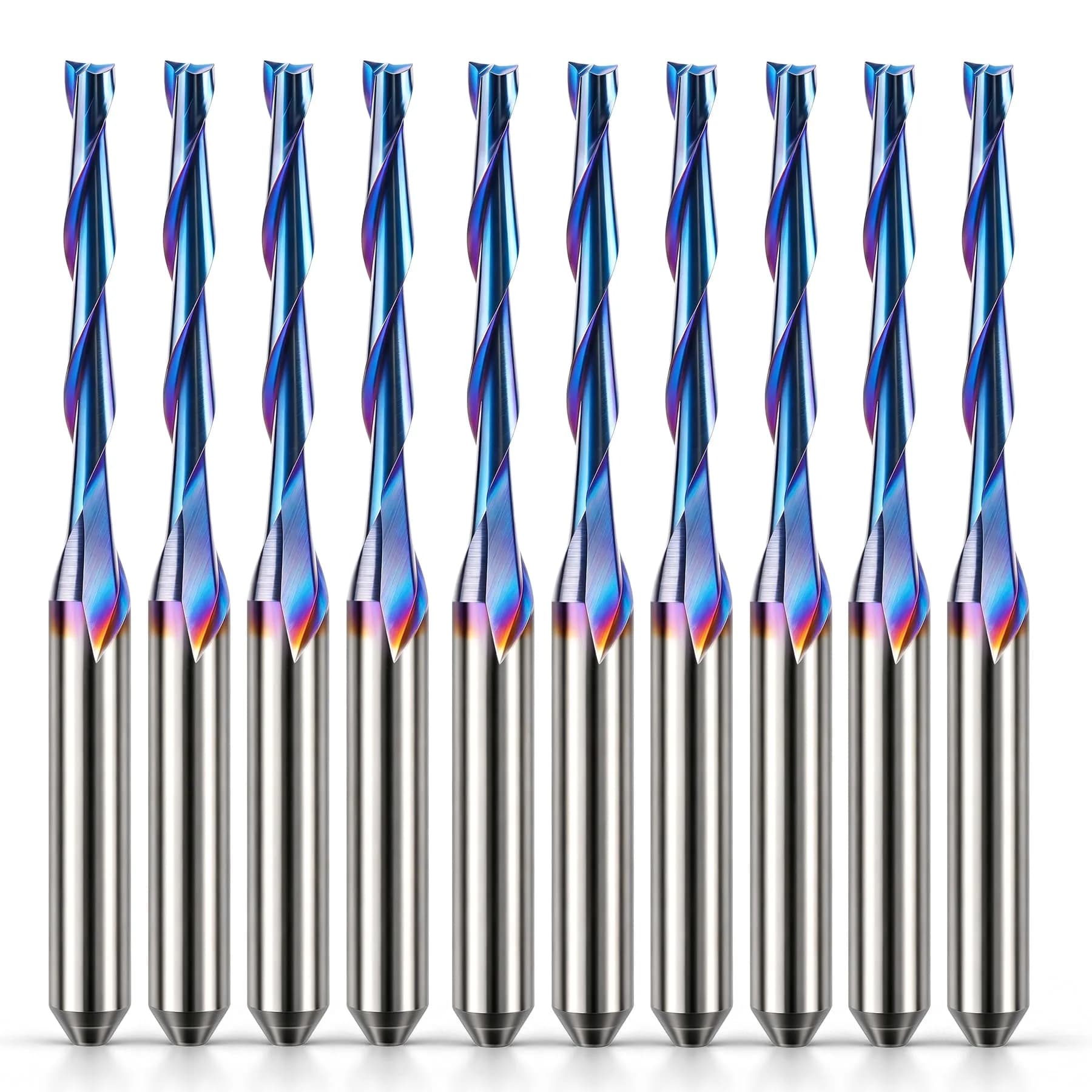 HQMaster 1/8" Shank 2-Flute Upcut CNC Router Bits 10pcs | Solid Carbide Spiral End Mill for Woodworking — 0.08"CED x 1/8"SD x 11/16"CEL x 1-1/2"OA