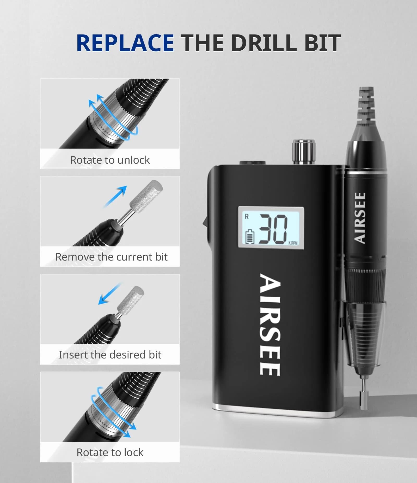 AIRSEE Rechargeable 30000RPM Electric Nail Drill E-File Machine for Acrylic & Gel Nails (Cordless, Black) - view 6