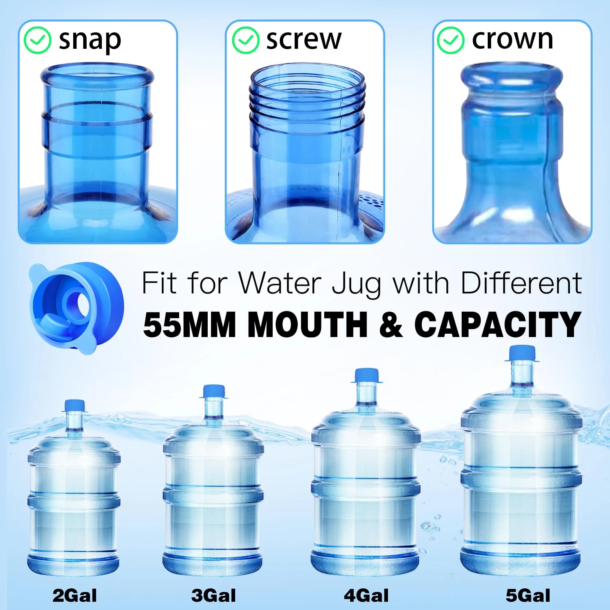 U-Goforst 6-Piece Blue Silicone Reusable Water Jug Caps - Non-Spill & Leak-Free - view 3