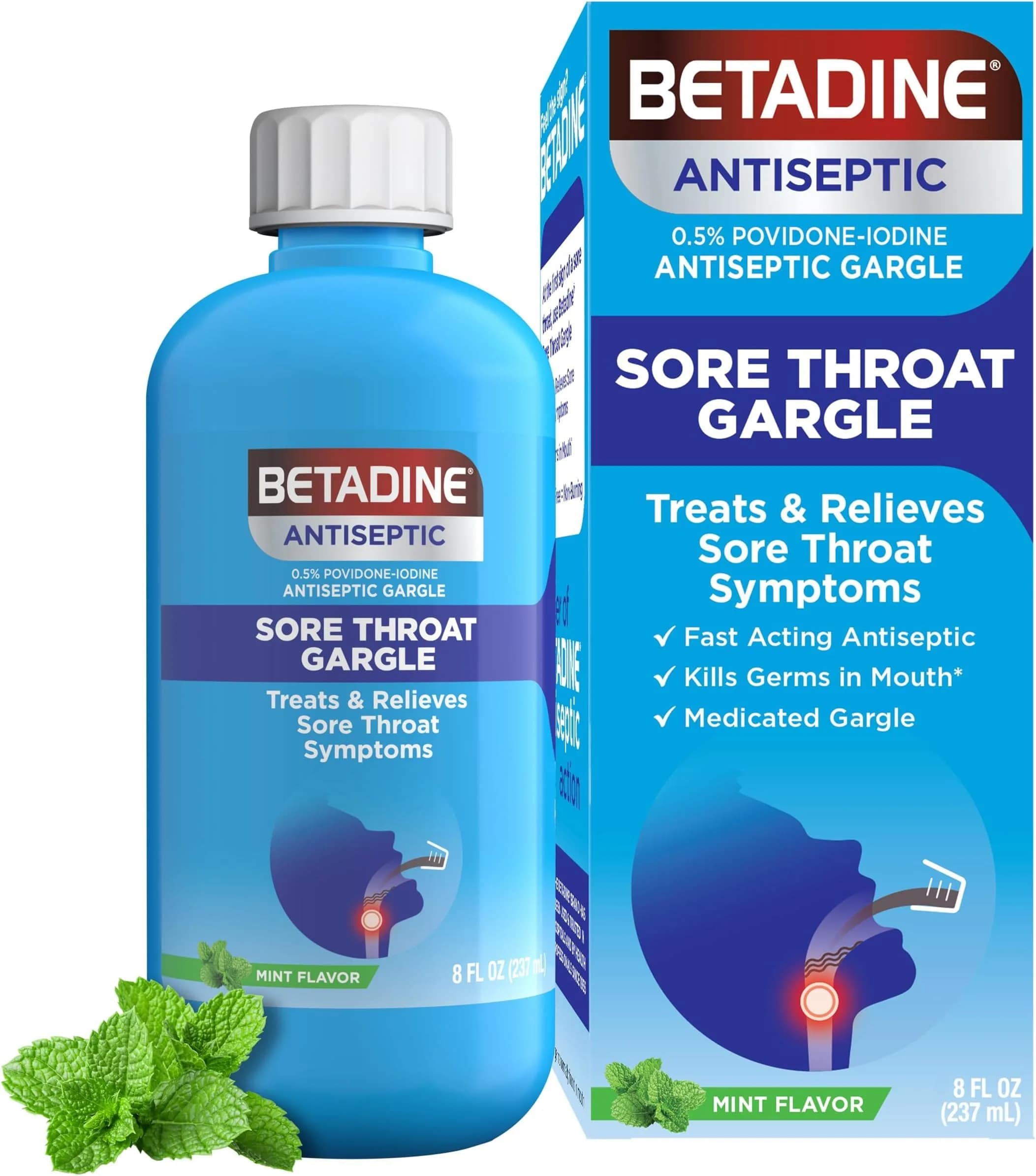 Betadine Sore Throat Relief Gargle, 8 Oz, Fast Acting Antiseptic with Povidone-Iodine 0.5%, Mint Flavor (Pack of 12) | Trusted for 50+ Years