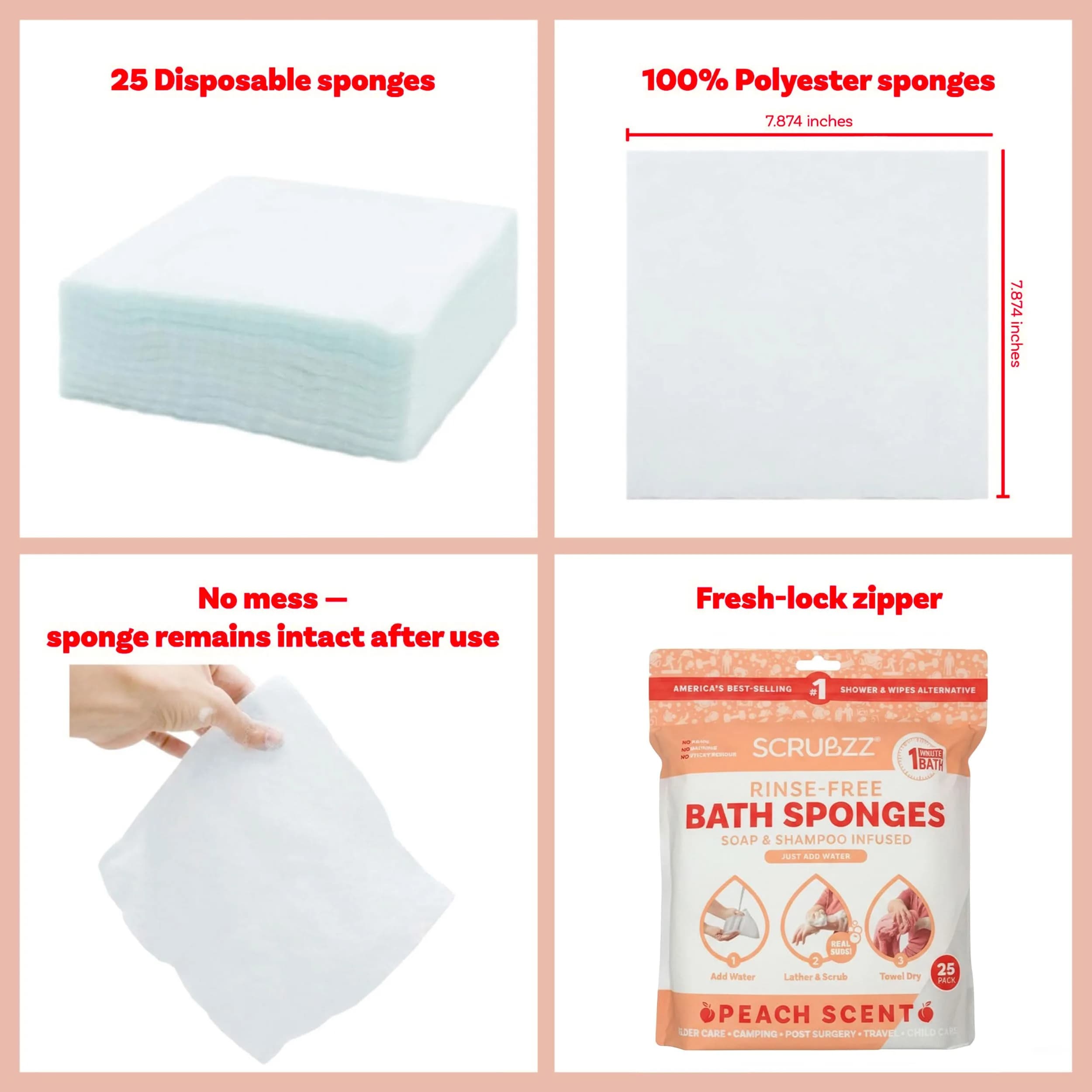 Scrubzz Disposable No Rinse Bathing Wipes Peach Scented, 25 Count | Gentle Sensitive Skin Cleanse - view 2