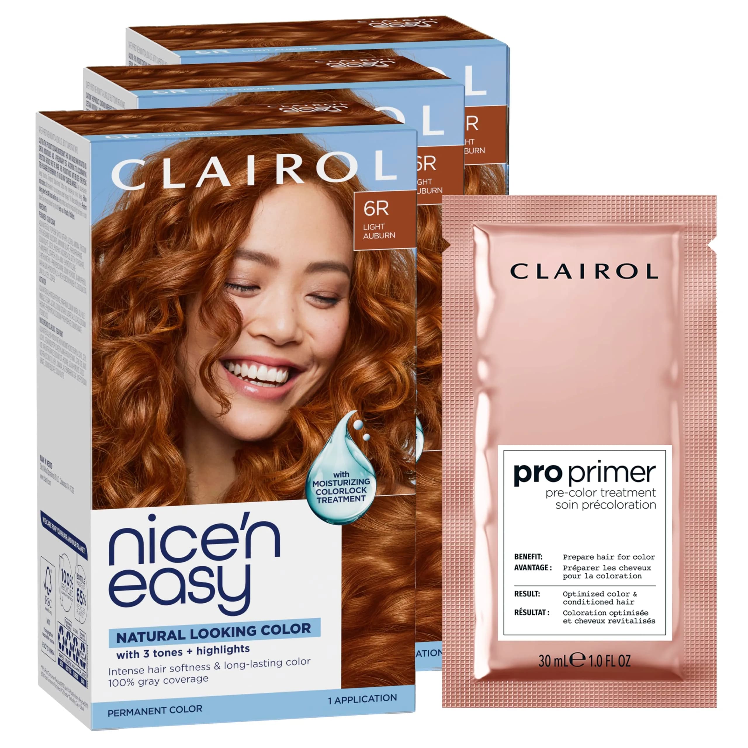 Clairol Nice'n Easy 6R Light Auburn Permanent Hair Dye with Pro Primer Sachet - Single Pack - main product image