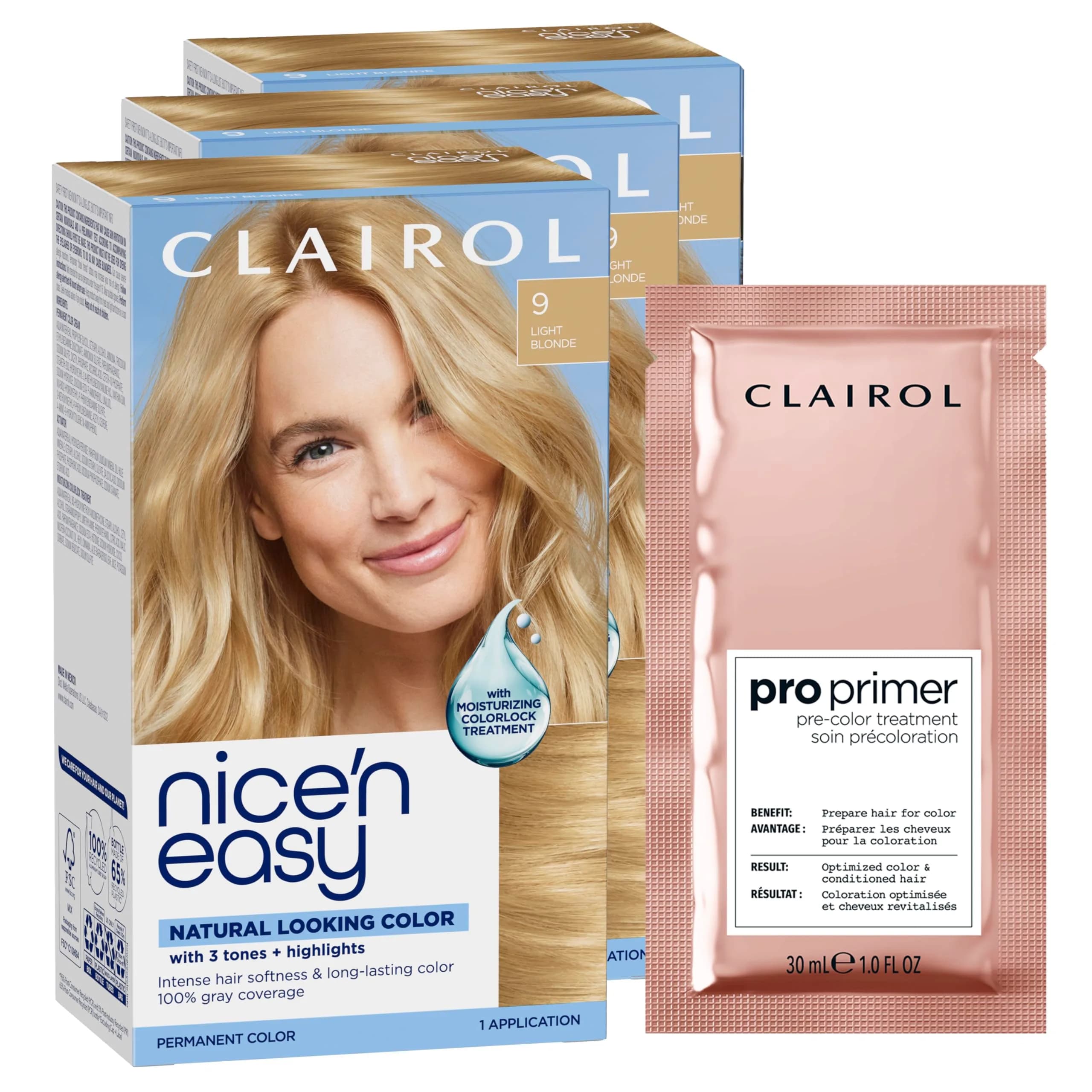 Clairol Nice'n Easy Permanent Hair Dye 9 Light Blonde with Pro Primer Sachet - 7.26 Fl Oz (Pack of 1) - main product image