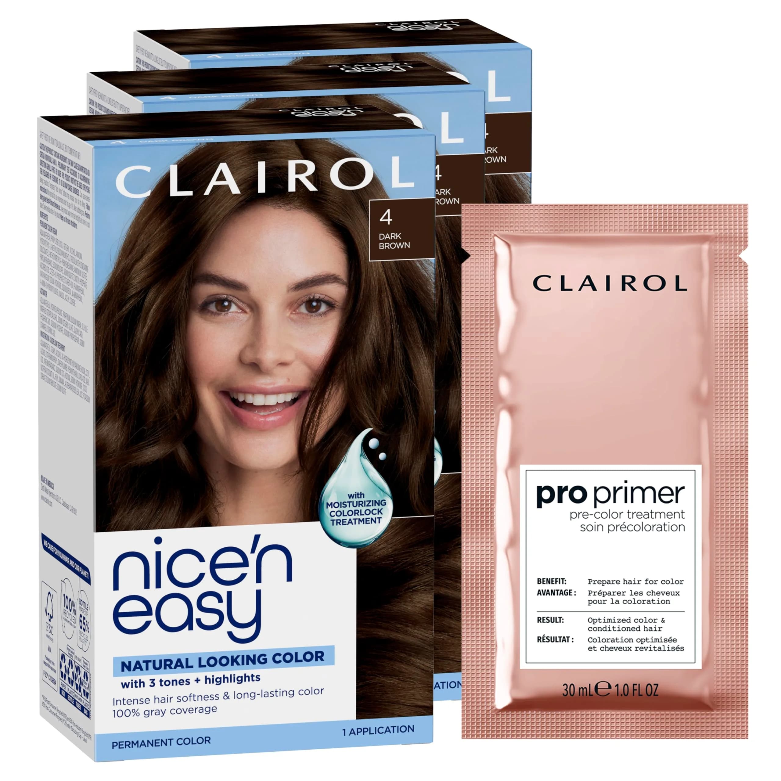 Clairol Nice'n Easy Permanent Hair Dye 4 Dark Brown with Pro Primer Sachet - Single Pack - main product image