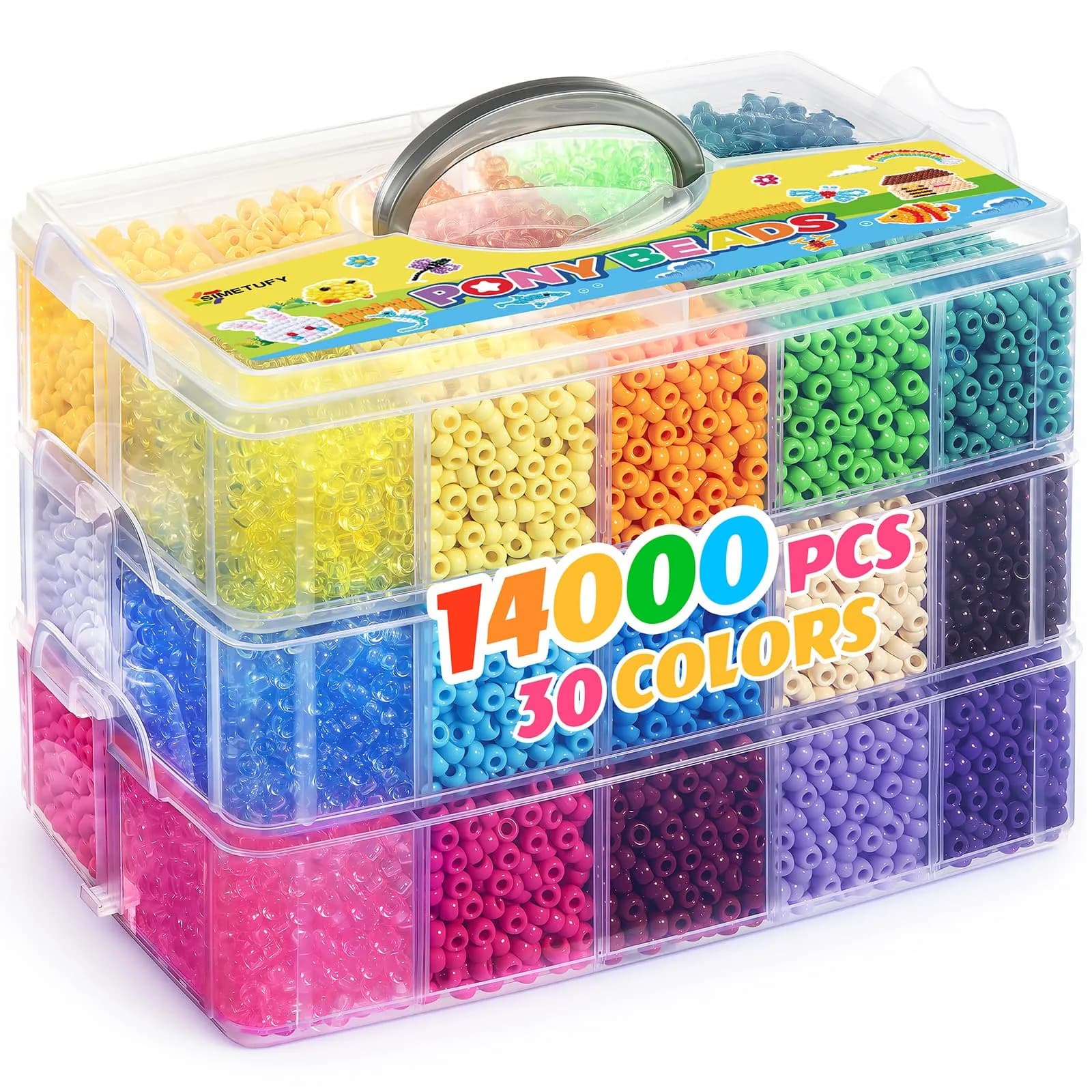 Simetufy Pony Beads Bulk 14000 Pcs, 30 Colors | 6x9mm Plastic Beads for Jewelry & Crafts — 30 Colors - 14000 Pcs