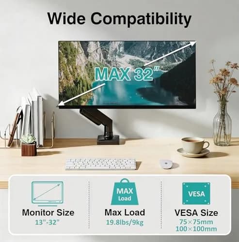 AX WABER Single Monitor Arm for 17-32 inch Screens | Gas Spring Adjustable VESA Mount with Clamp & Grommet Base thumbnail 2