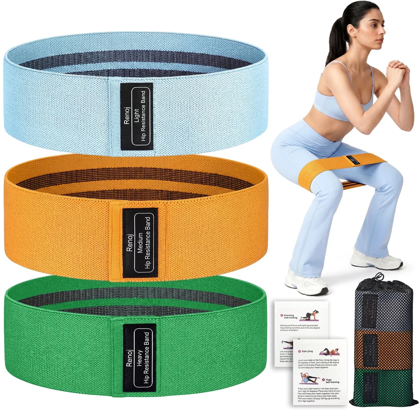 Renoj Resistance Bands for Working Out: 3-Set Exercise Bands for Pilates, Yoga, Home Gym, Booty, Leg Training | Heavy/Medium/Light Fabric Loops for Women Men — Green