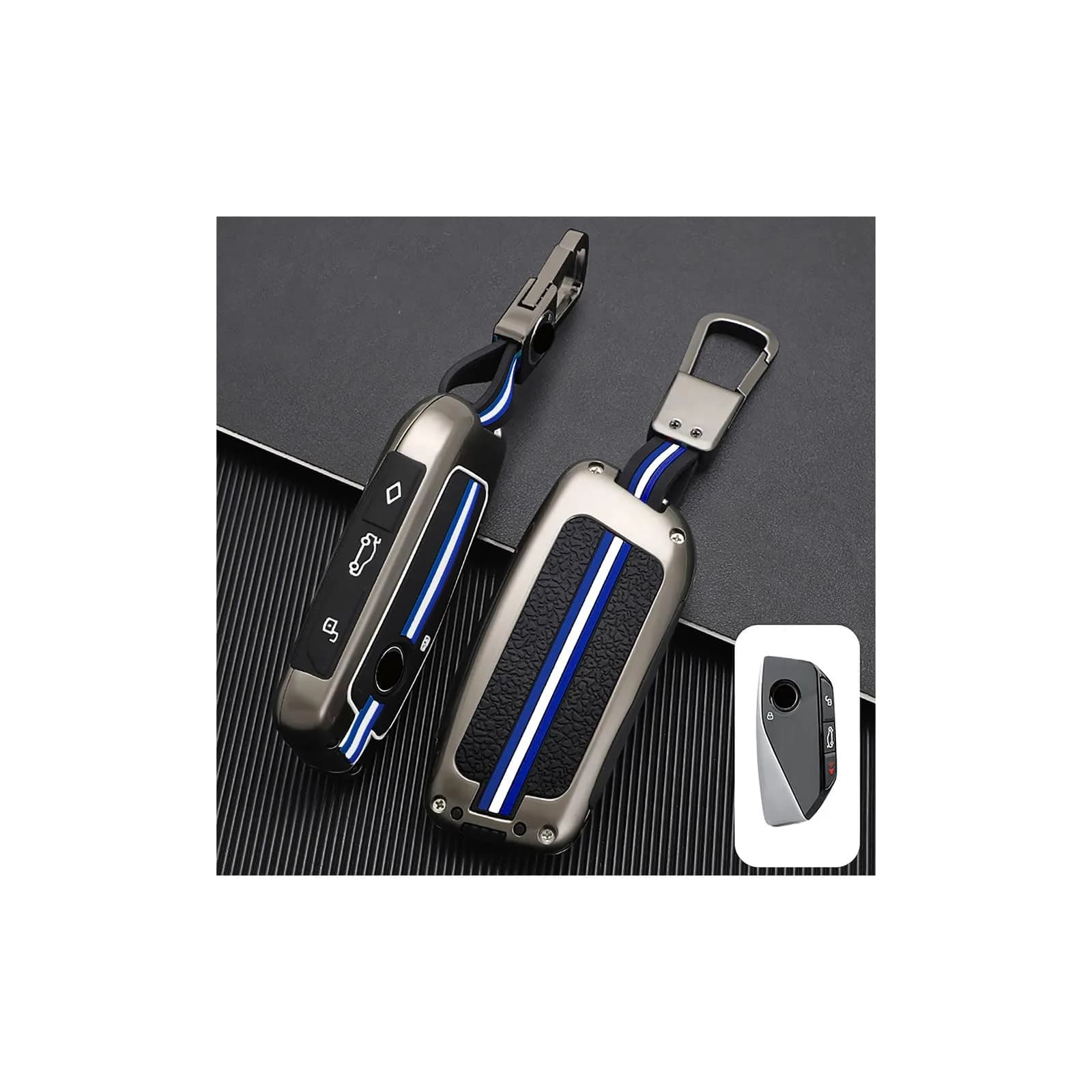 OLLEN Heavy Zinc Alloy Key Fob Cover for BMW 2023-2026 5/7 Series X1-X7 XM IX I5 etc. Gunmetal Blue Line (1 Pcs) — Gunmetal