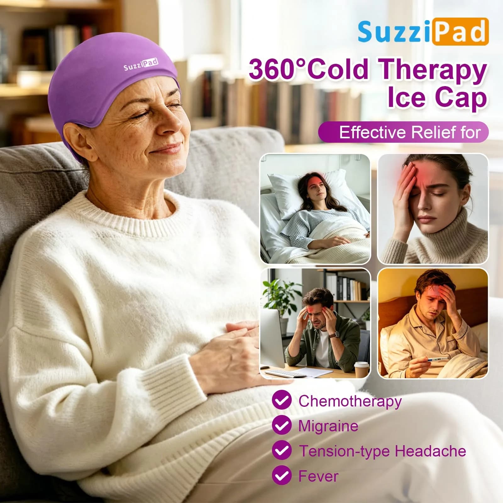 SUZZIPAD Chemo Cooling Cap Deep Purple | Scalp Cooling for Chemotherapy & Migraine Relief - view 3