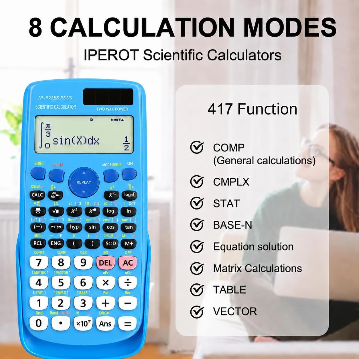 IPEROT Scientific Calculator Blue 15.2cm (6 inches) | 417 Functions, Dual Power, Hard Case - view 6