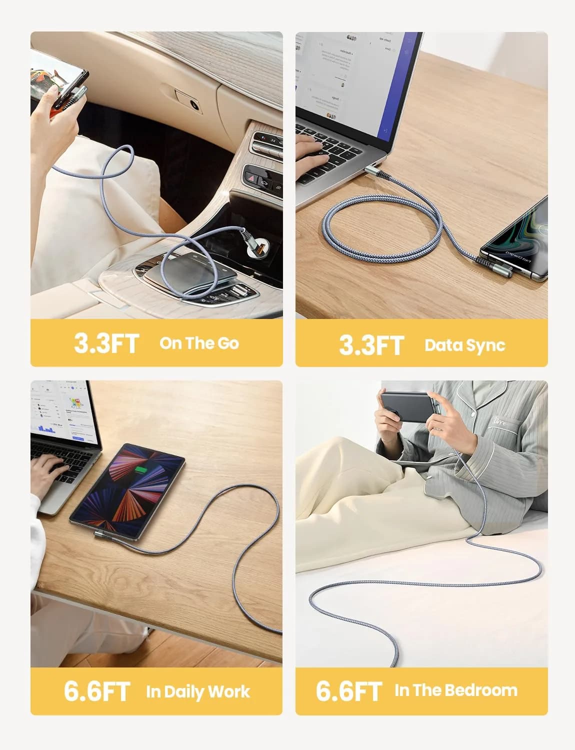 AINOPE 4-Pack Grey USB C to USB C Cables: 3.3ft, 3.3ft, 6.6ft & 6.6ft | 60W Fast Charging - view 2