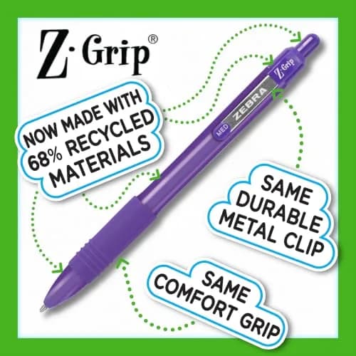 Zebra Pen Z-Grip Recycled Ballpoint Pen, Purple Ink, 1.0mm, 12-Pack | GRS Certified Recycled Material thumbnail 4
