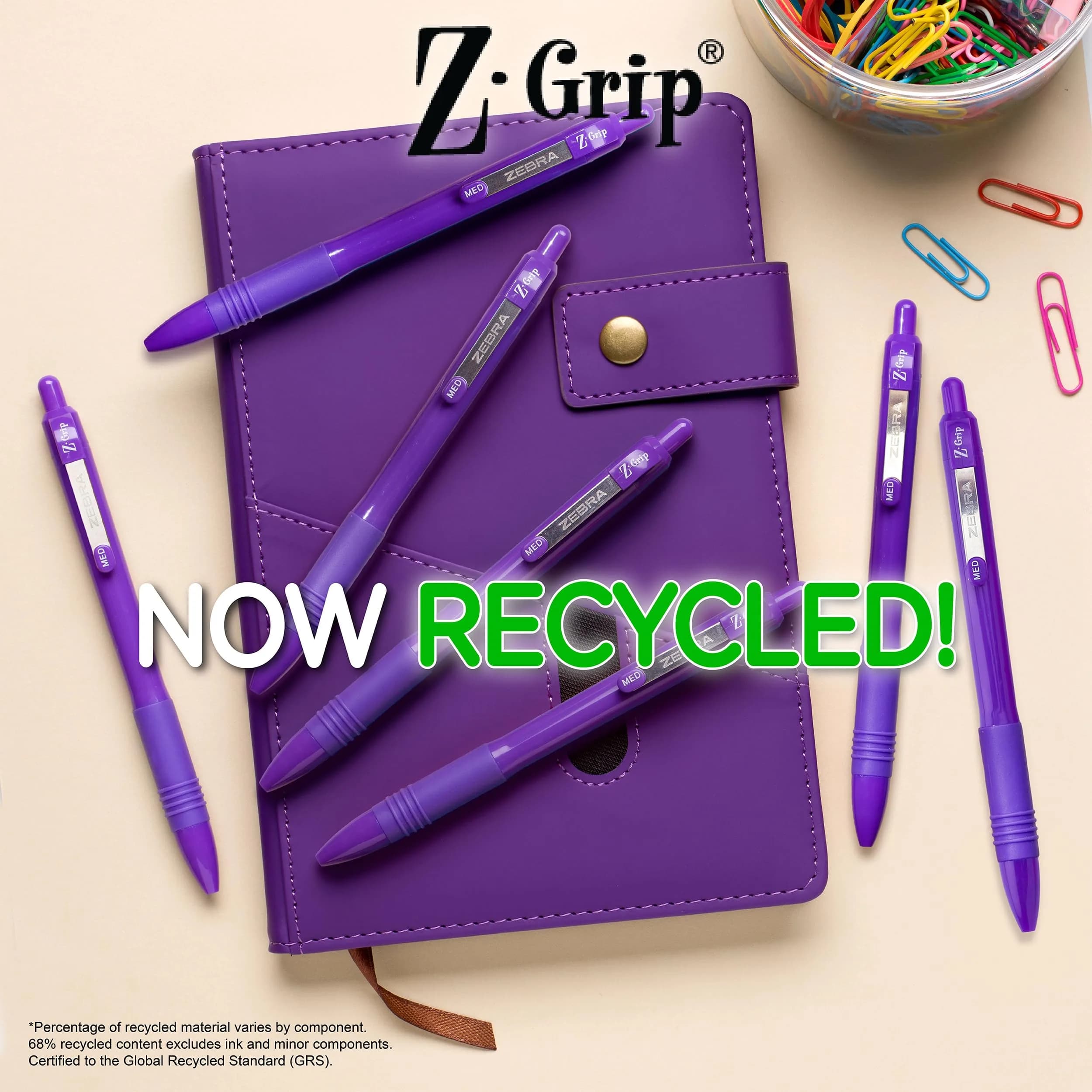 Zebra Pen Z-Grip Recycled Ballpoint Pen, Purple Ink, 1.0mm, 12-Pack | GRS Certified Recycled Material - view 6