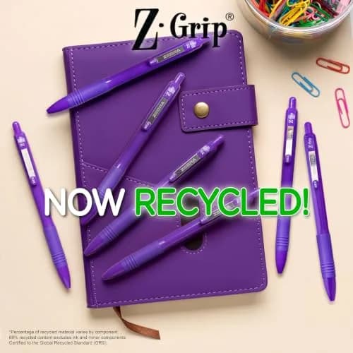 Zebra Pen Z-Grip Recycled Ballpoint Pen, Purple Ink, 1.0mm, 12-Pack | GRS Certified Recycled Material thumbnail 6