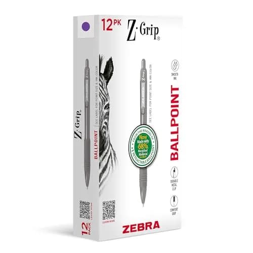 Zebra Pen Z-Grip Recycled Ballpoint Pen, Purple Ink, 1.0mm, 12-Pack | GRS Certified Recycled Material thumbnail 1