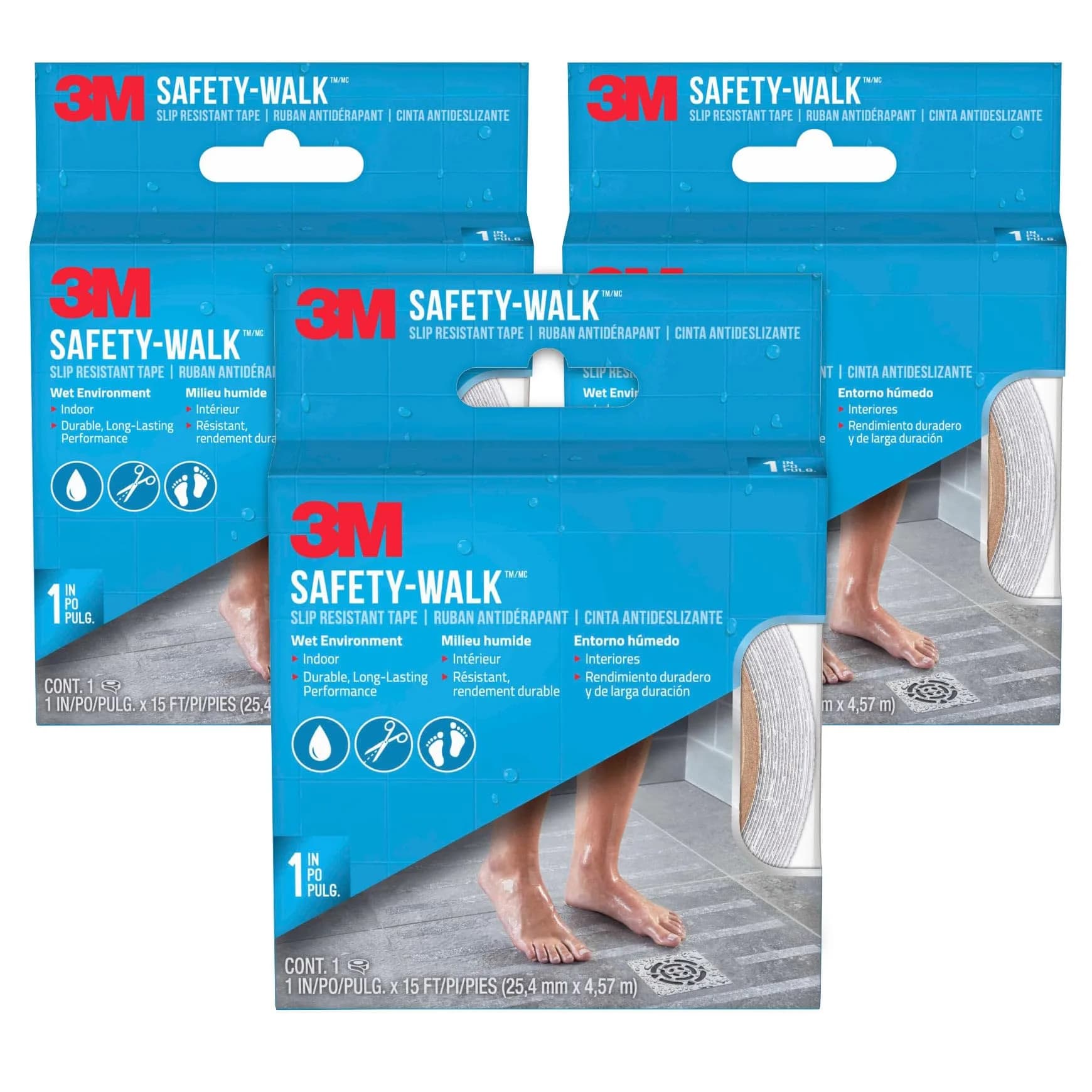 3M Safety-Walk Slip Resistant Tape 1 in (2.54 cm) x 15 ft (4.57 m) Rolls, 3-Pack | Clear, Water-Resistant, Durable for Wet Environments - main product image