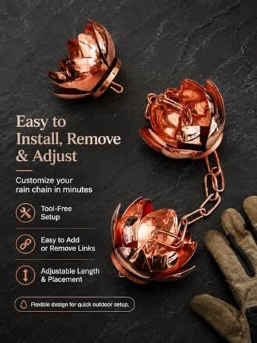 Wellrain Rose Gold Lotus Rain Chain 2.59 m (8.5 FT) | Decorative Downspout Replacement with Crystal Pendant thumbnail 4
