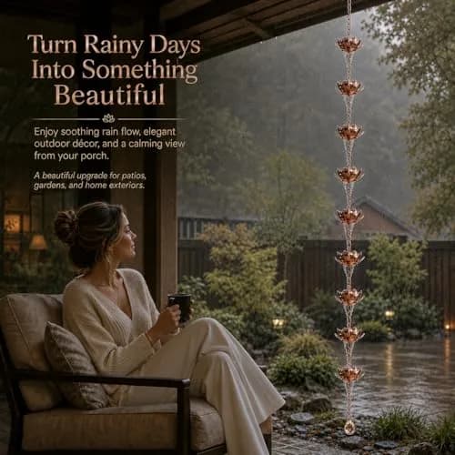 Wellrain Rose Gold Lotus Rain Chain 2.59 m (8.5 FT) | Decorative Downspout Replacement with Crystal Pendant thumbnail 5