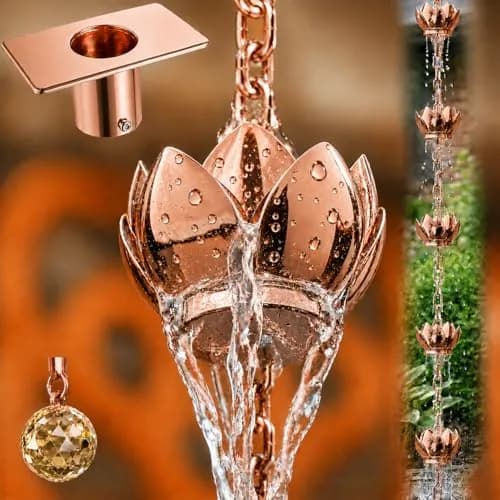 Wellrain Rose Gold Lotus Rain Chain 2.59 m (8.5 FT) | Decorative Downspout Replacement with Crystal Pendant thumbnail 1