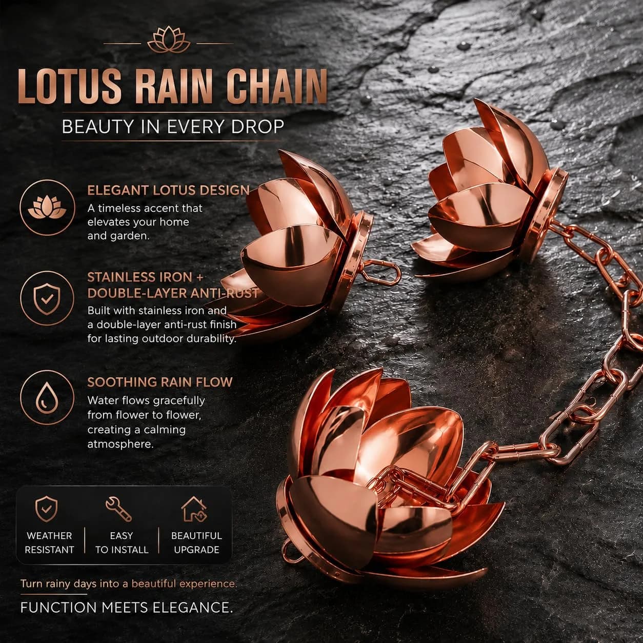 Wellrain Rose Gold Lotus Rain Chain 2.59 m (8.5 FT) | Decorative Downspout Replacement with Crystal Pendant - view 2