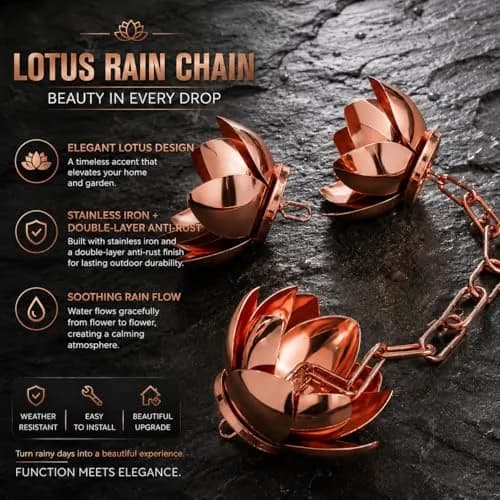Wellrain Rose Gold Lotus Rain Chain 2.59 m (8.5 FT) | Decorative Downspout Replacement with Crystal Pendant thumbnail 2