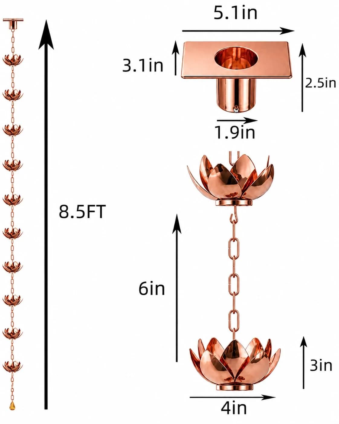 Wellrain Rose Gold Lotus Rain Chain 2.59 m (8.5 FT) | Decorative Downspout Replacement with Crystal Pendant - view 3